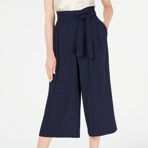 Anne Klein Pants - Anne Klein NEW Womens Wide Leg Crop Pull On With Tie Pants Sz L Navy Polka Dot